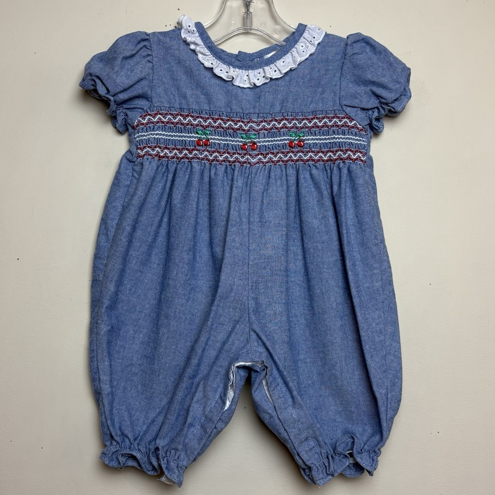 Vtg Tiny Tots Original 90's Denim Smocked Embroidered Cherries Romper 3-6 Months
